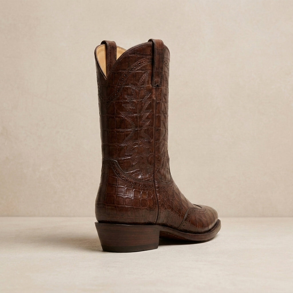 Brown Crocodile-Print Leather Burrasca Cowboy Boot with Natural Leather Sole – heel view