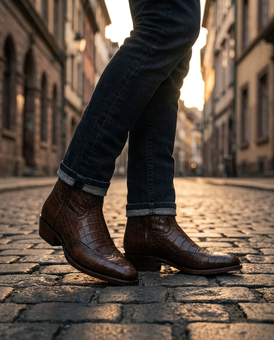 Brown Crocodile-Print Leather Burrasca Cowboy Boot with Natural Leather Sole – lifestyle