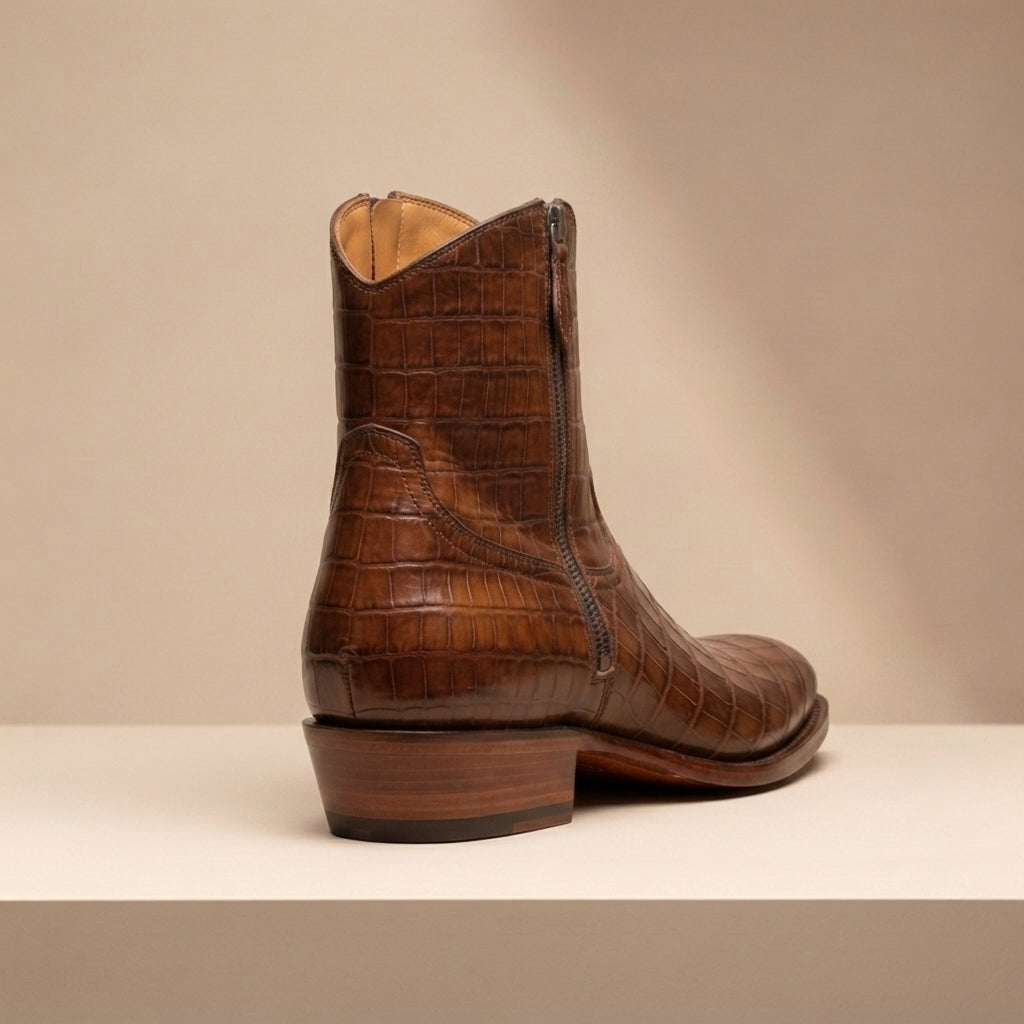 Height Increasing Brown Crocodile-Print Leather Burrasca Zipper Cowboy Boot with Natural Leather Sole - 3 Inch Hidden Heel – heel view