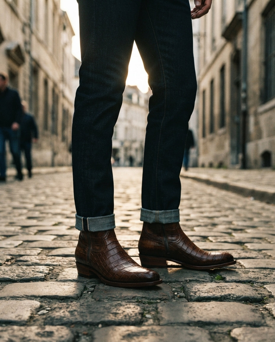 Height Increasing Brown Crocodile-Print Leather Burrasca Zipper Cowboy Boot with Natural Leather Sole - 3 Inch Hidden Heel – lifestyle