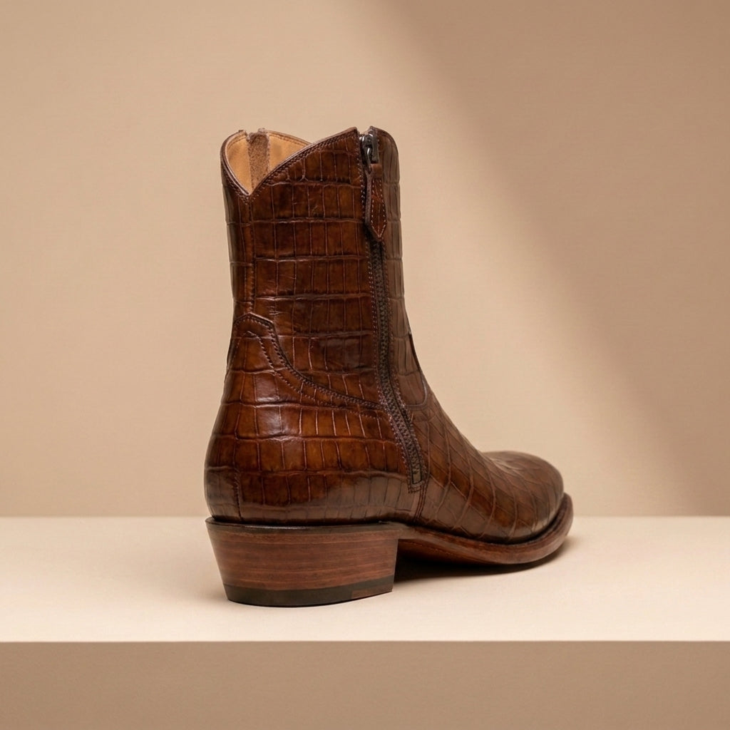 Brown Crocodile-Print Leather Burrasca Zipper Cowboy Boot with Natural Leather Sole – heel view