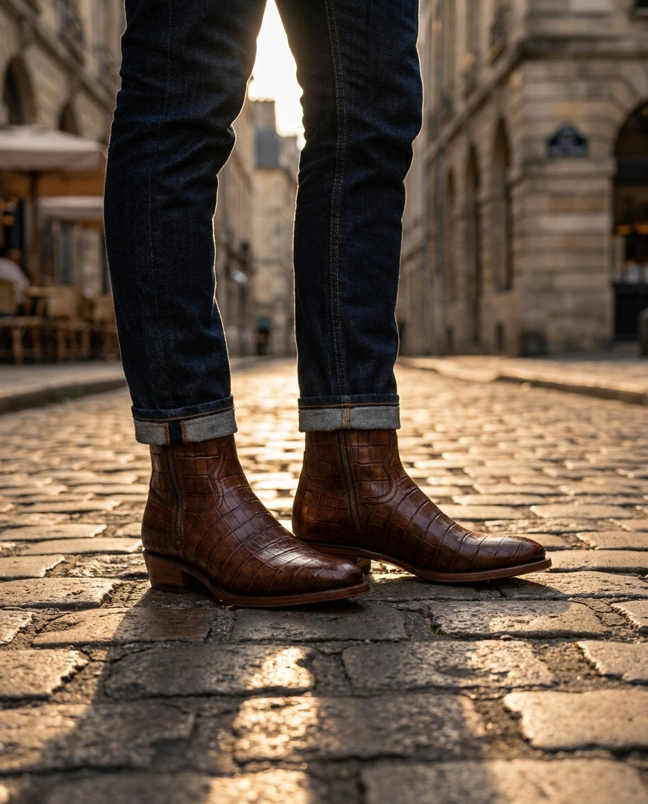 Brown Crocodile-Print Leather Burrasca Zipper Cowboy Boot with Natural Leather Sole – lifestyle