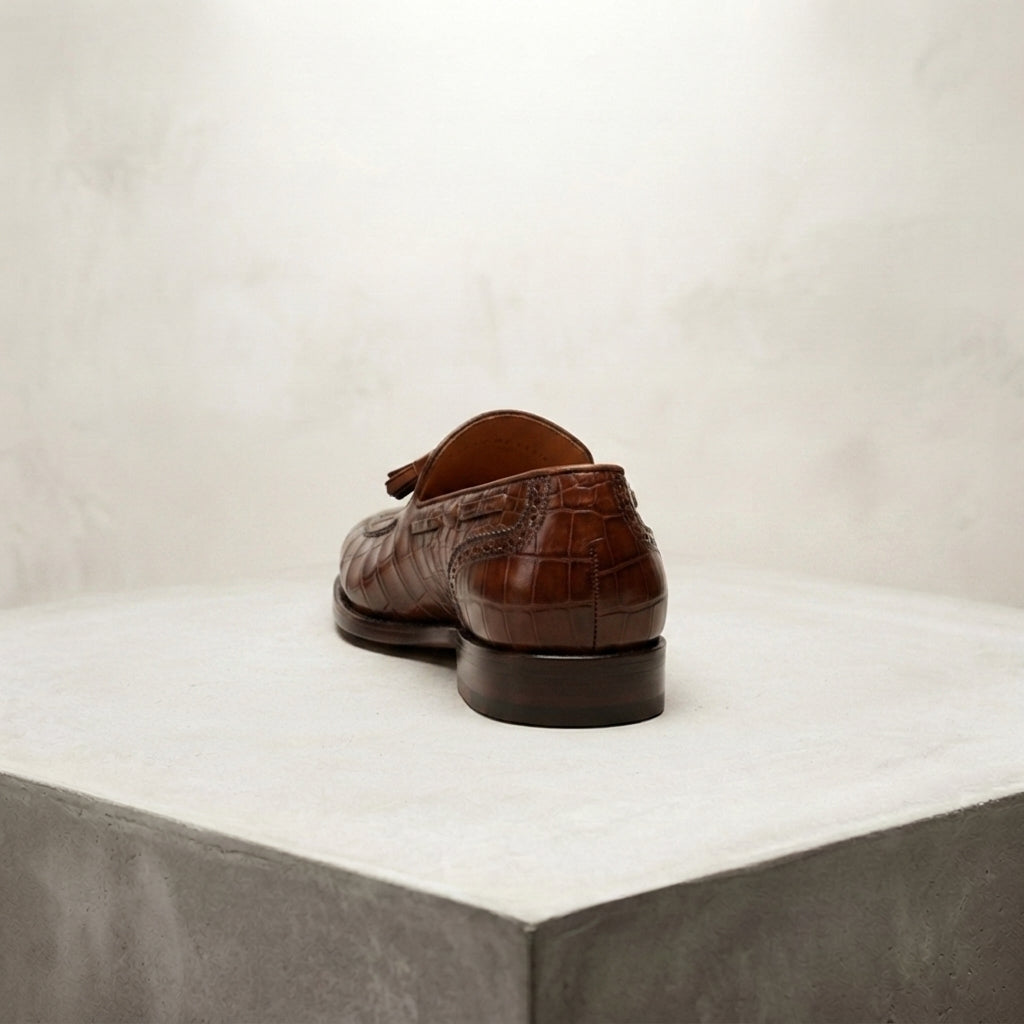 Height Increasing Brown Crocodile-Print Leather Favonio Tassel Loafer with Natural Leather Sole - 3 Inch Hidden Heel – heel view