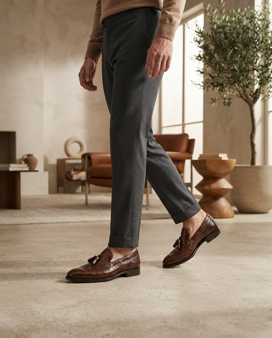 Height Increasing Brown Crocodile-Print Leather Favonio Tassel Loafer with Natural Leather Sole - 3 Inch Hidden Heel – lifestyle