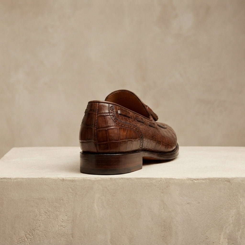 Brown Crocodile-Print Leather Favonio Tassel Loafer with Natural Leather Sole – heel view