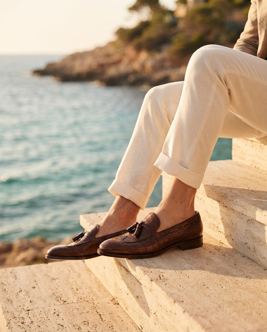Brown Crocodile-Print Leather Favonio Tassel Loafer with Natural Leather Sole – lifestyle