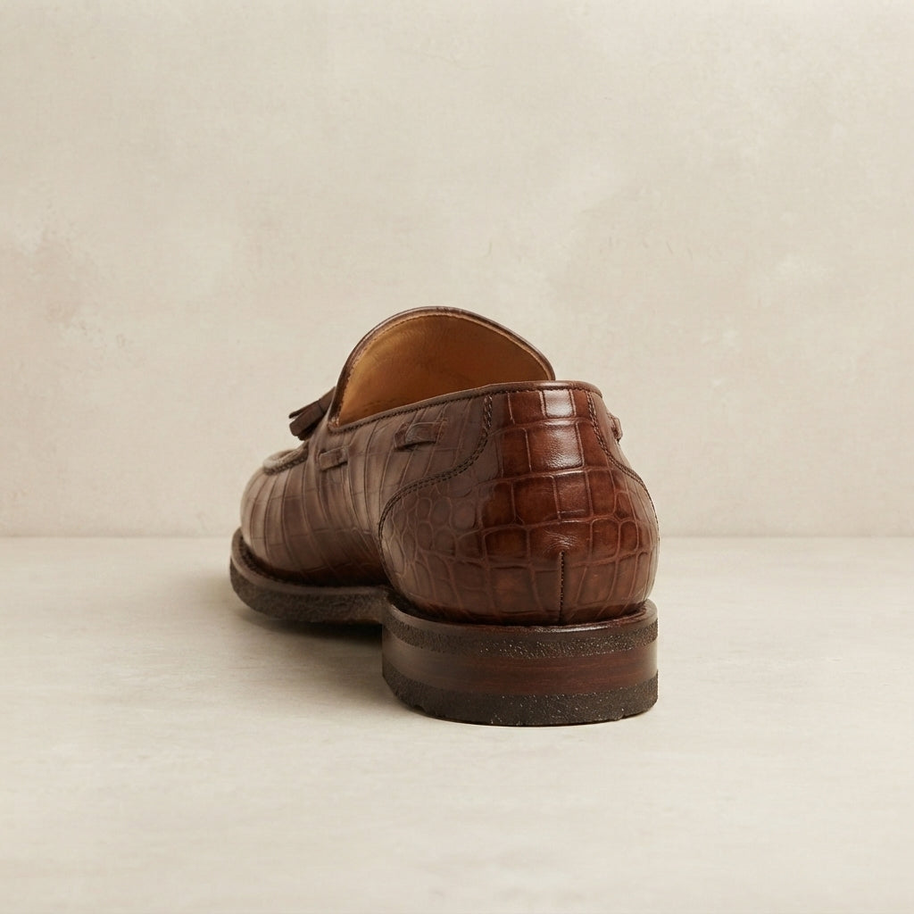 Height Increasing Brown Crocodile-Print Leather Favonio Tassel Loafer with Natural Leather Sole - 3 Inch Hidden Heel – heel view