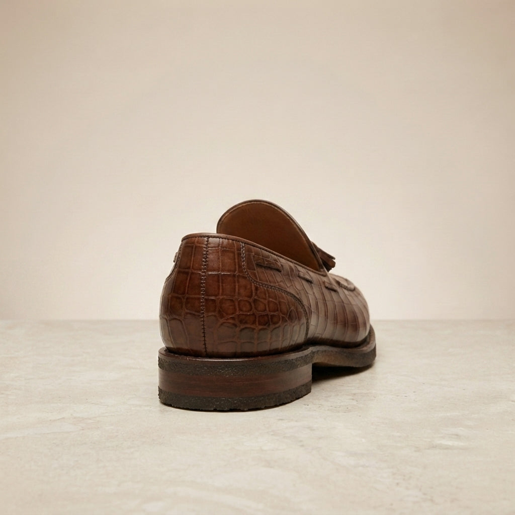 Brown Crocodile-Print Leather Favonio Tassel Loafer with Natural Leather Sole – heel view