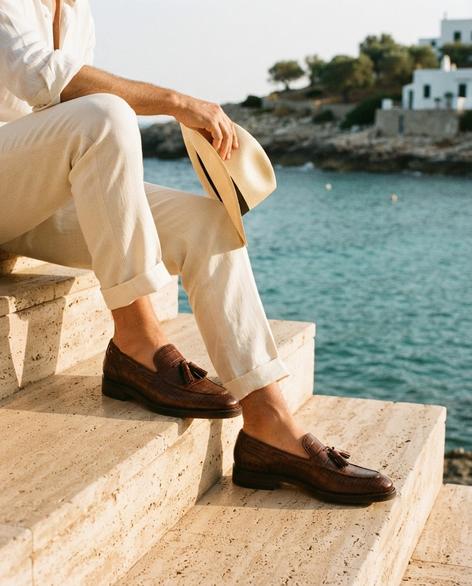 Brown Crocodile-Print Leather Favonio Tassel Loafer with Natural Leather Sole – lifestyle
