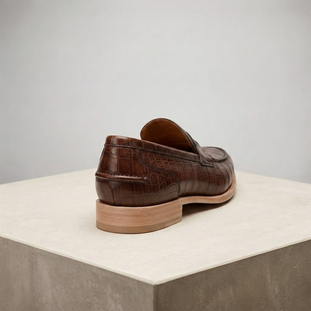 Height Increasing Brown Crocodile-Print Leather Garbin Penny Loafer with Natural Leather Sole - 3 Inch Hidden Heel – heel view
