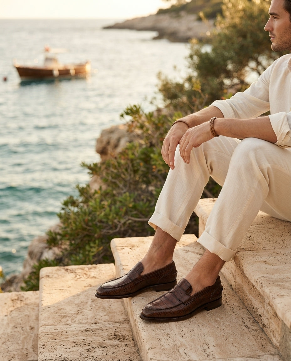 Brown Crocodile-Print Leather Garbin Penny Loafer with Natural Leather Sole – lifestyle