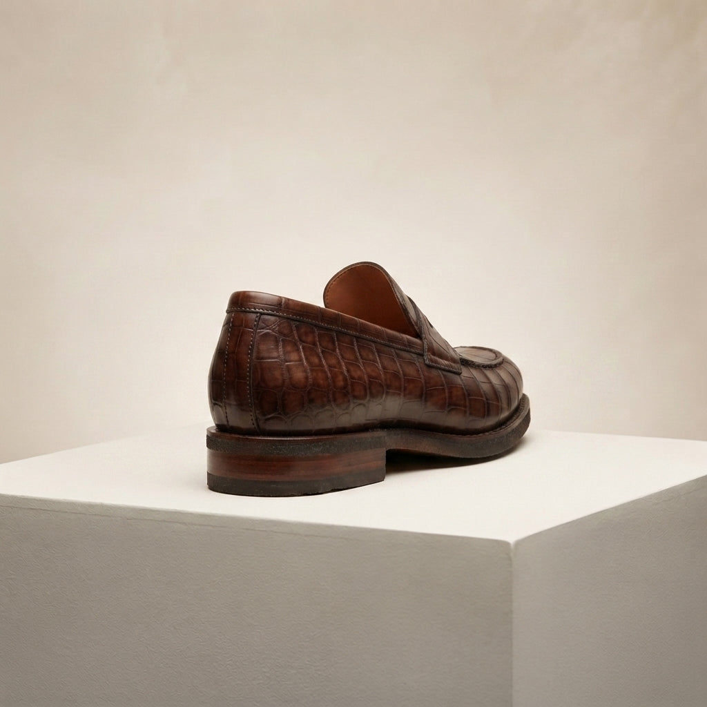 Height Increasing Brown Crocodile-Print Leather Garbin Penny Loafer with Natural Leather Sole - 3 Inch Hidden Heel – heel view