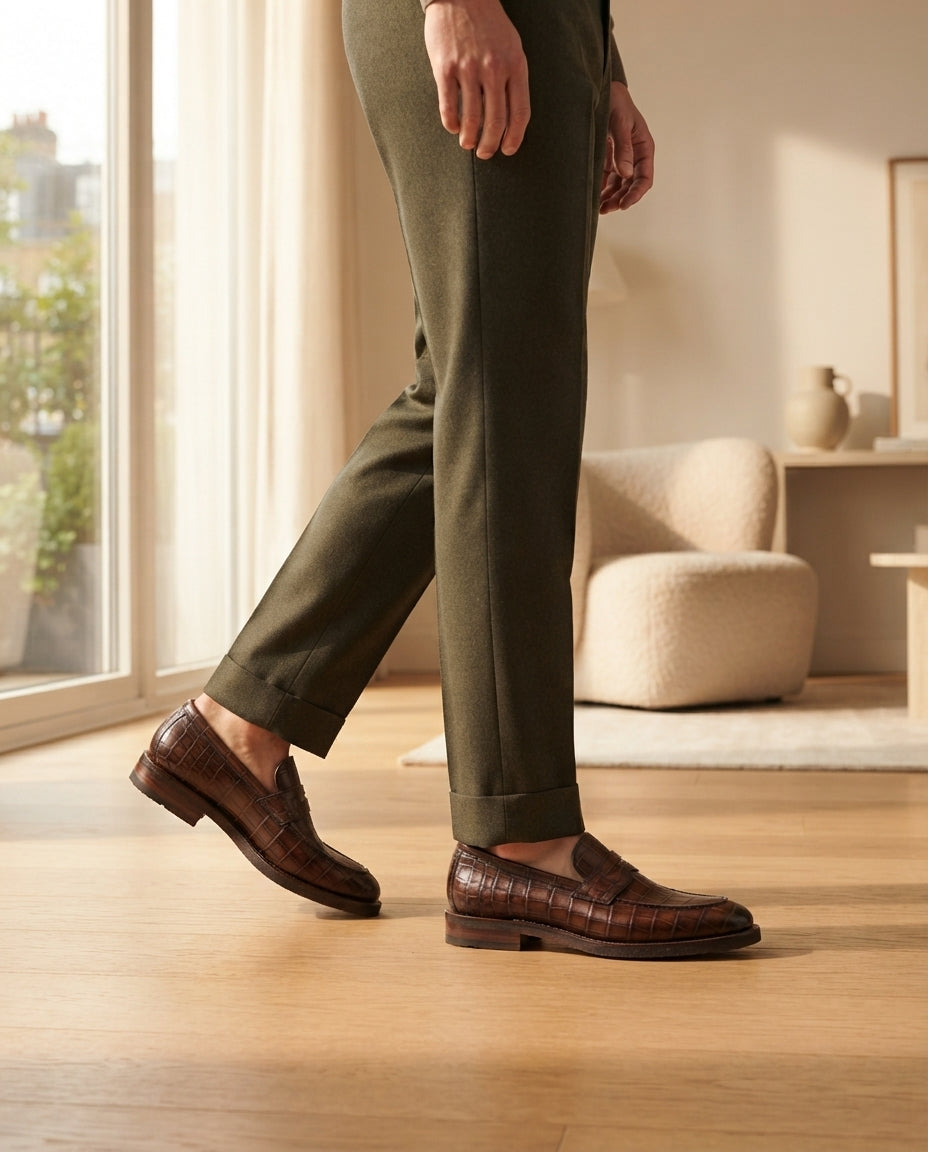 Height Increasing Brown Crocodile-Print Leather Garbin Penny Loafer with Natural Leather Sole - 3 Inch Hidden Heel – lifestyle