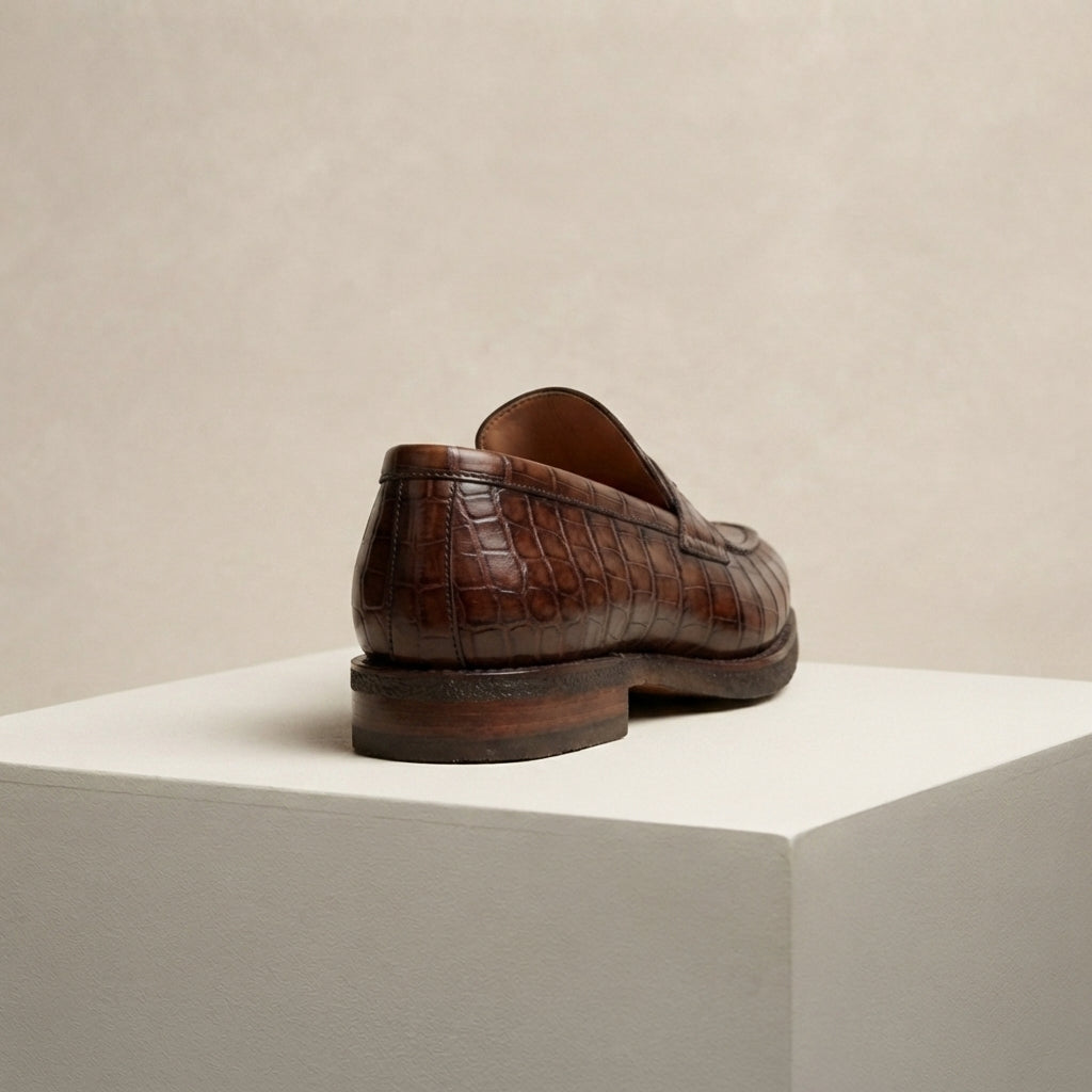 Brown Crocodile-Print Leather Garbin Penny Loafer with Natural Leather Sole – heel view