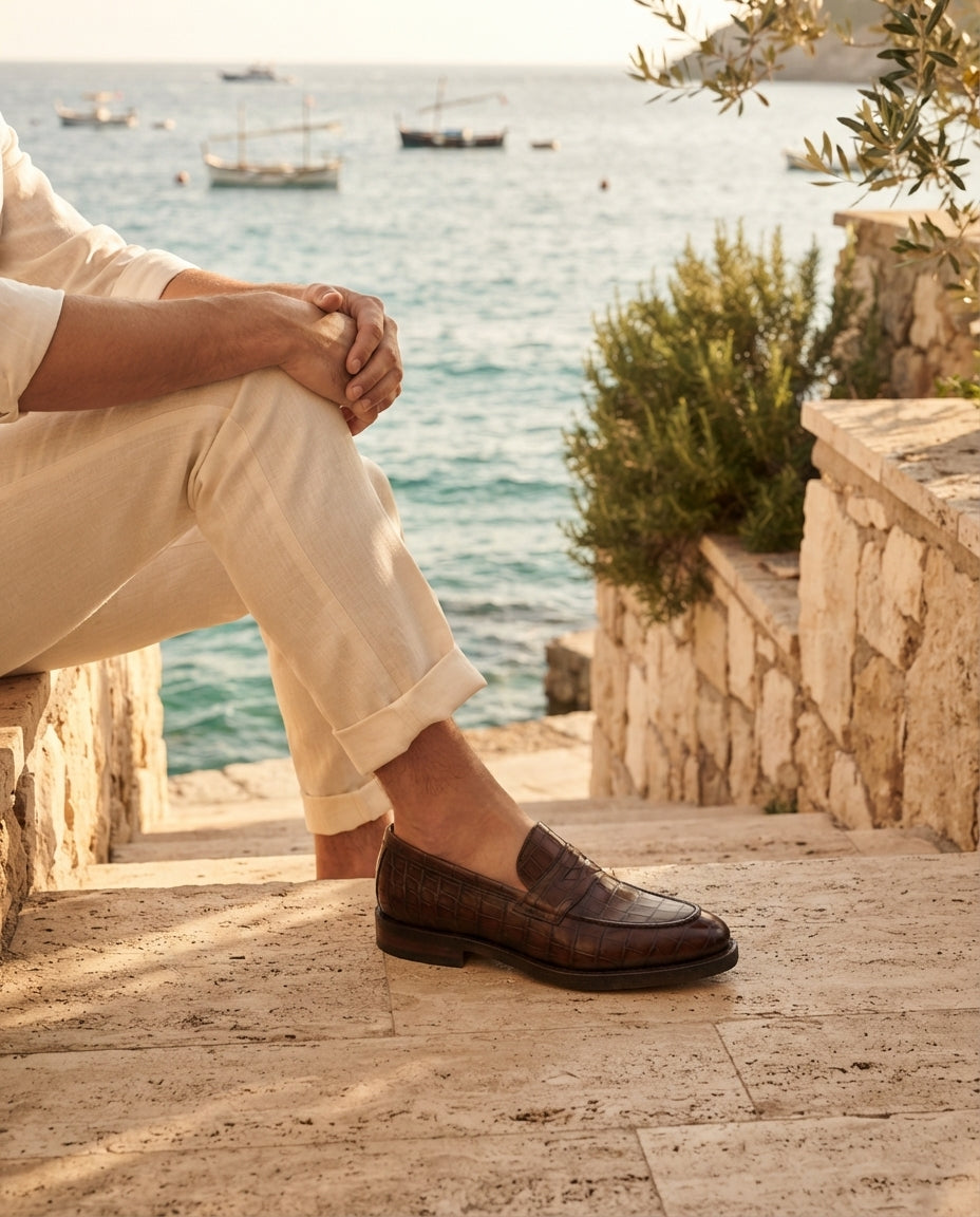 Brown Crocodile-Print Leather Garbin Penny Loafer with Natural Leather Sole – lifestyle