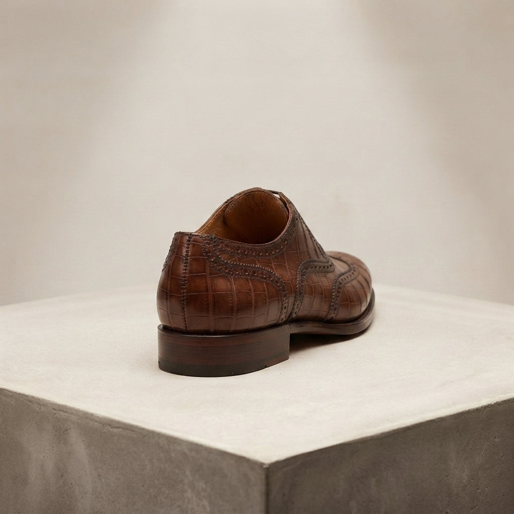 Height Increasing Brown Crocodile-Print Leather Libeccio Oxford with Natural Leather Sole - 3 Inch Hidden Heel – heel view