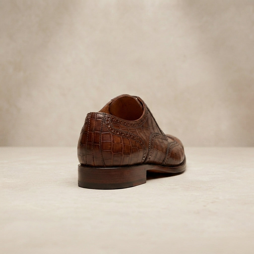 Brown Crocodile-Print Leather Libeccio Oxford with Natural Leather Sole – heel view