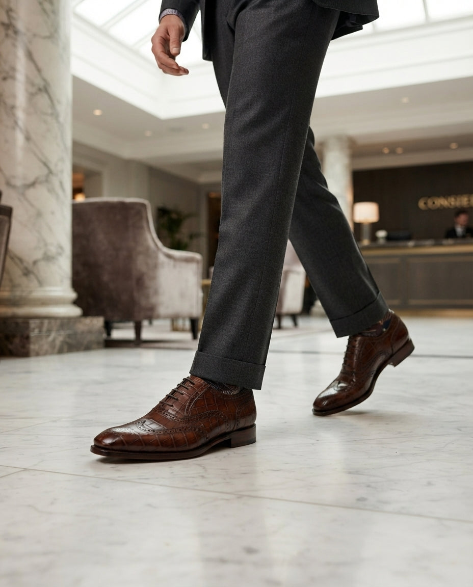 Brown Crocodile-Print Leather Libeccio Oxford with Natural Leather Sole – lifestyle