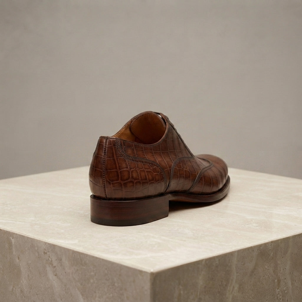 Height Increasing Brown Crocodile-Print Leather Libeccio Whole Cut Oxford with Natural Leather Sole - 3 Inch Hidden Heel – heel view