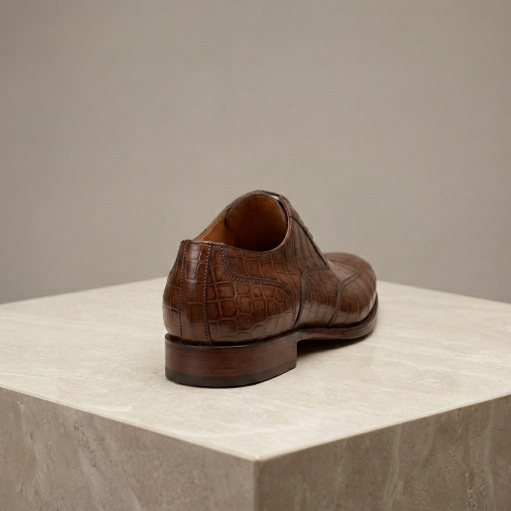 Brown Crocodile-Print Leather Libeccio Whole Cut Oxford with Natural Leather Sole – heel view