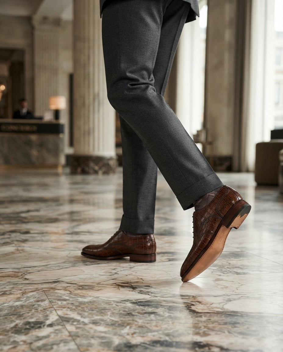 Brown Crocodile-Print Leather Libeccio Whole Cut Oxford with Natural Leather Sole – lifestyle