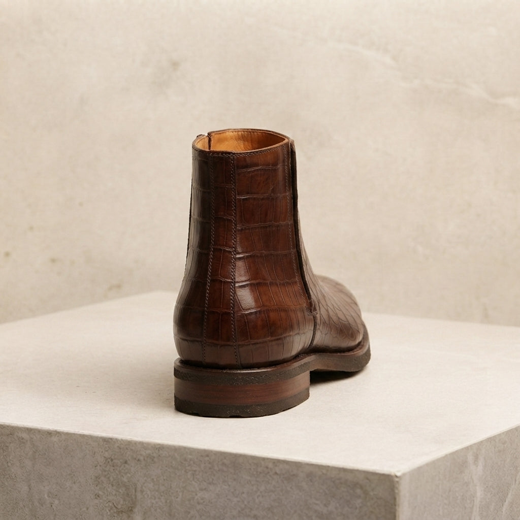 Height Increasing Brown Crocodile-Print Leather Libeccio Zip Ankle Boot with Natural Leather Sole - 3 Inch Hidden Heel – heel view