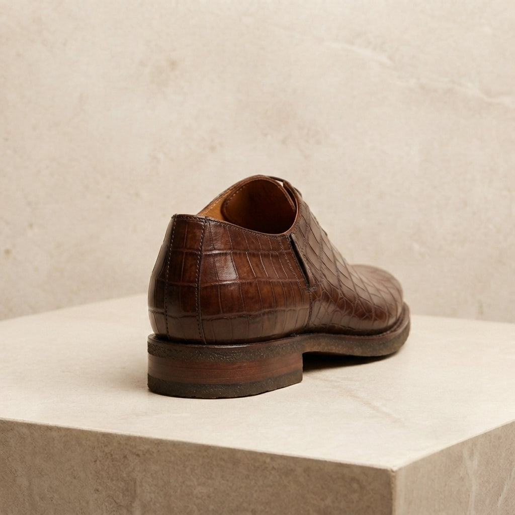 Brown Crocodile-Print Leather Libeccio Zip Ankle Boot with Natural Leather Sole – heel view