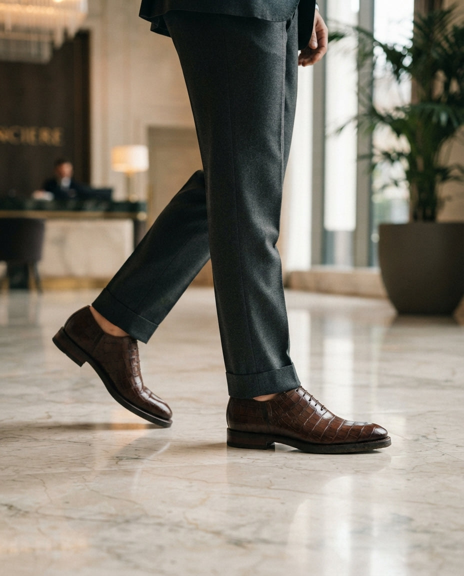 Brown Crocodile-Print Leather Libeccio Zip Ankle Boot with Natural Leather Sole – lifestyle