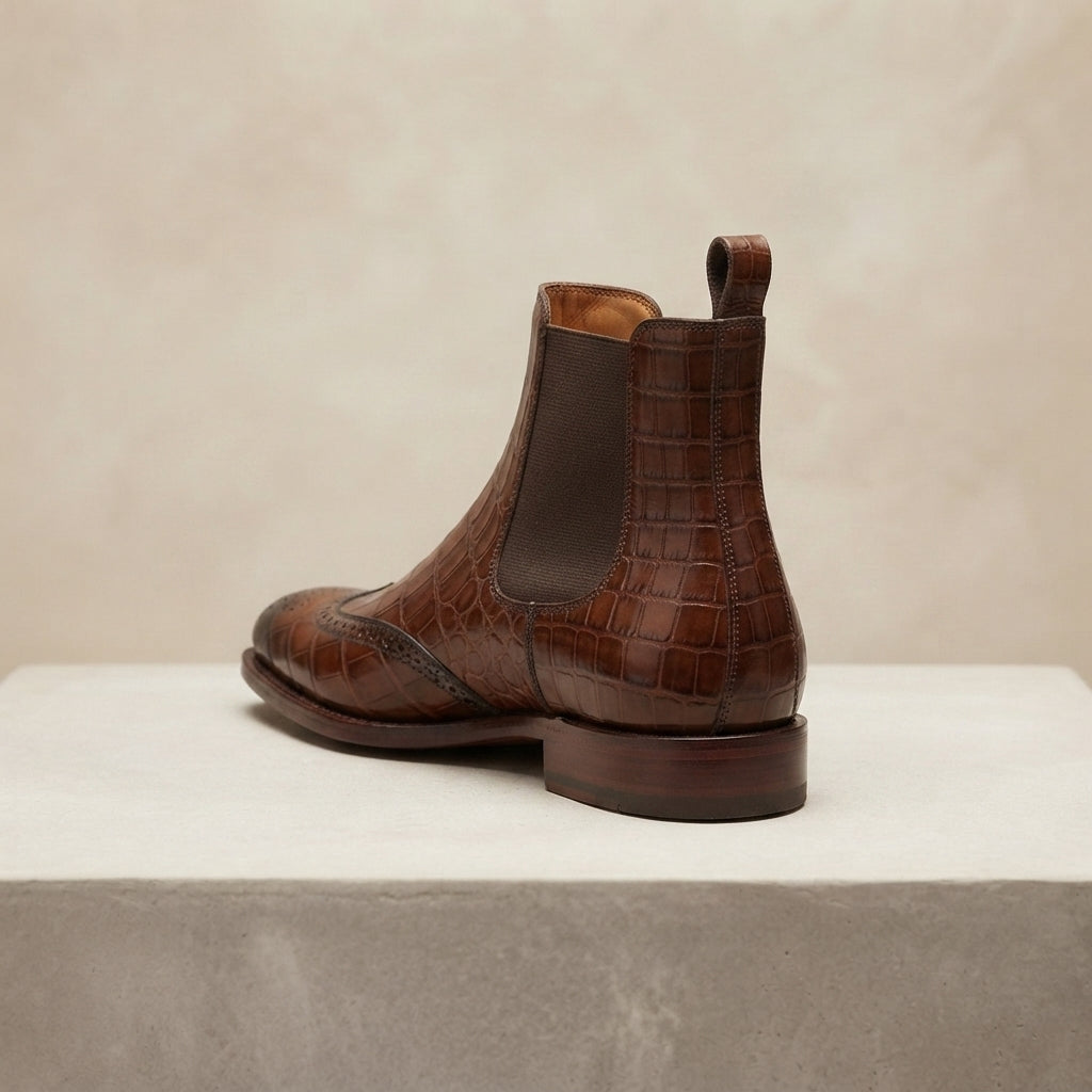 Height Increasing Brown Crocodile-Print Leather Tramontana Chelsea Boot with Natural Leather Sole - 3 Inch Hidden Heel – heel view