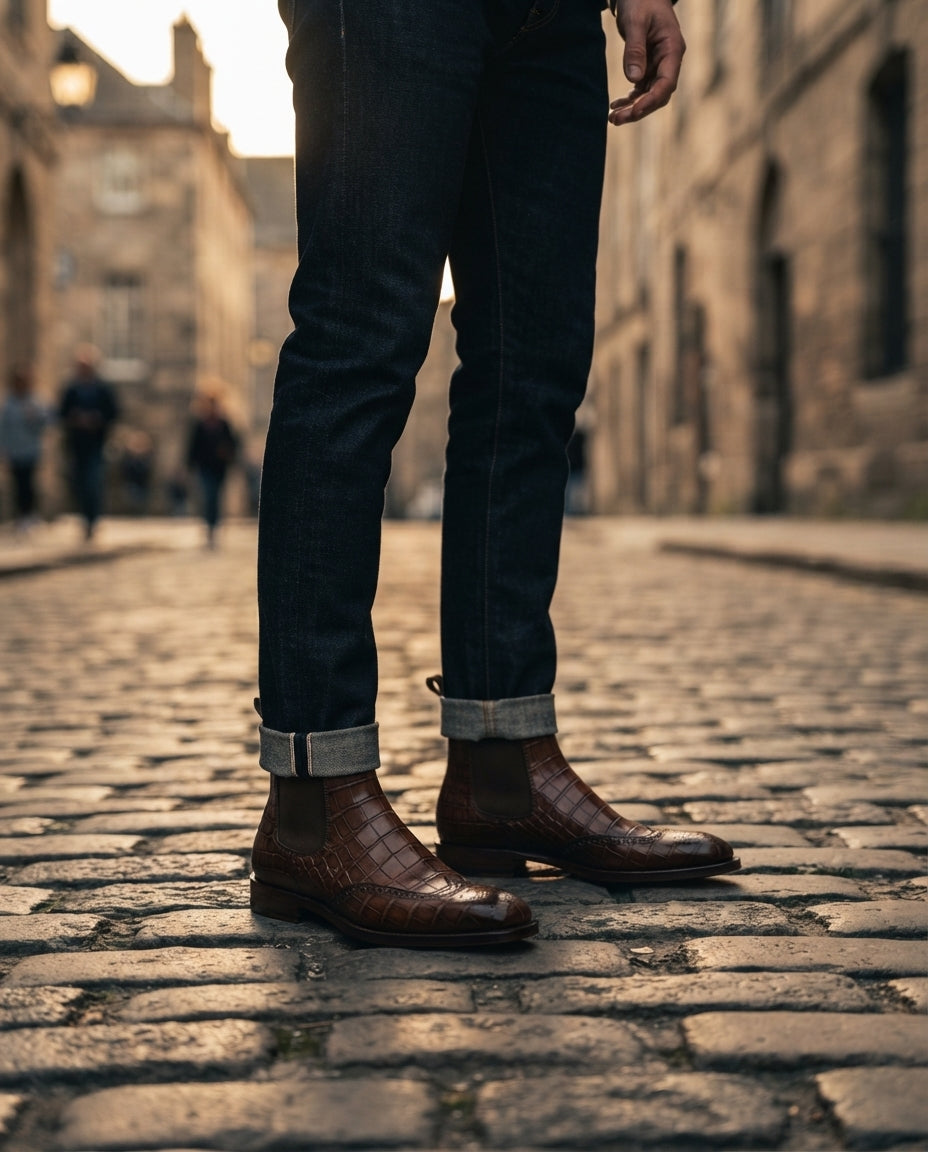 Height Increasing Brown Crocodile-Print Leather Tramontana Chelsea Boot with Natural Leather Sole - 3 Inch Hidden Heel – lifestyle