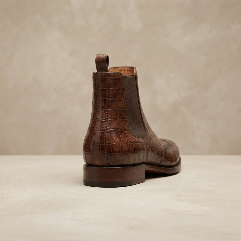 Brown Crocodile-Print Leather Tramontana Chelsea Boot with Natural Leather Sole – heel view