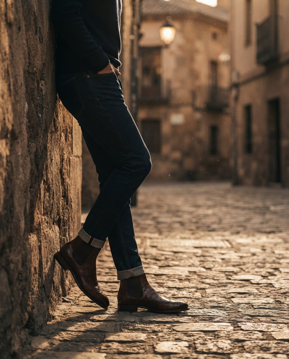 Brown Crocodile-Print Leather Tramontana Chelsea Boot with Natural Leather Sole – lifestyle