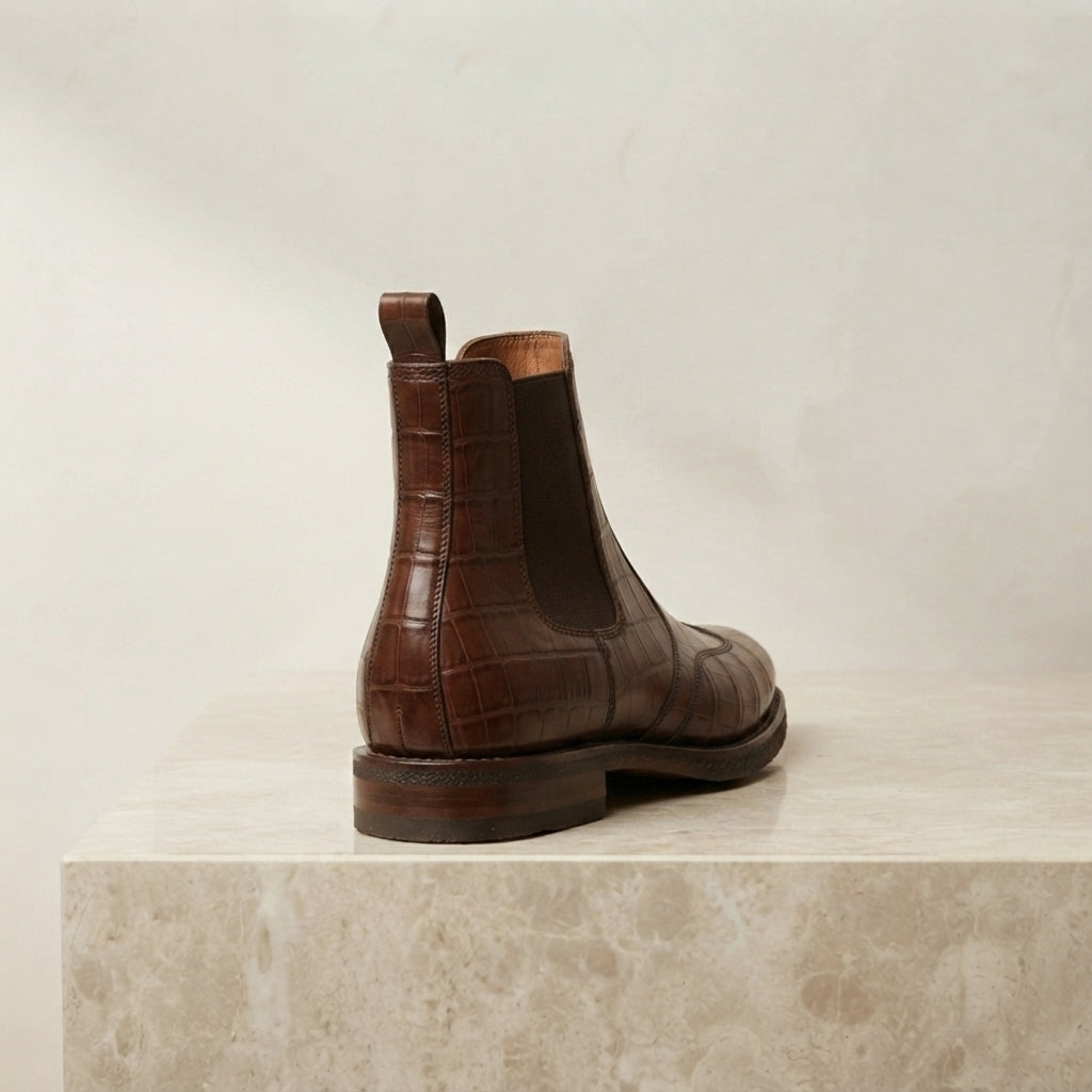Height Increasing Brown Crocodile-Print Leather Tramontana Chelsea Boot with Natural Leather Sole - 3 Inch Hidden Heel – heel view