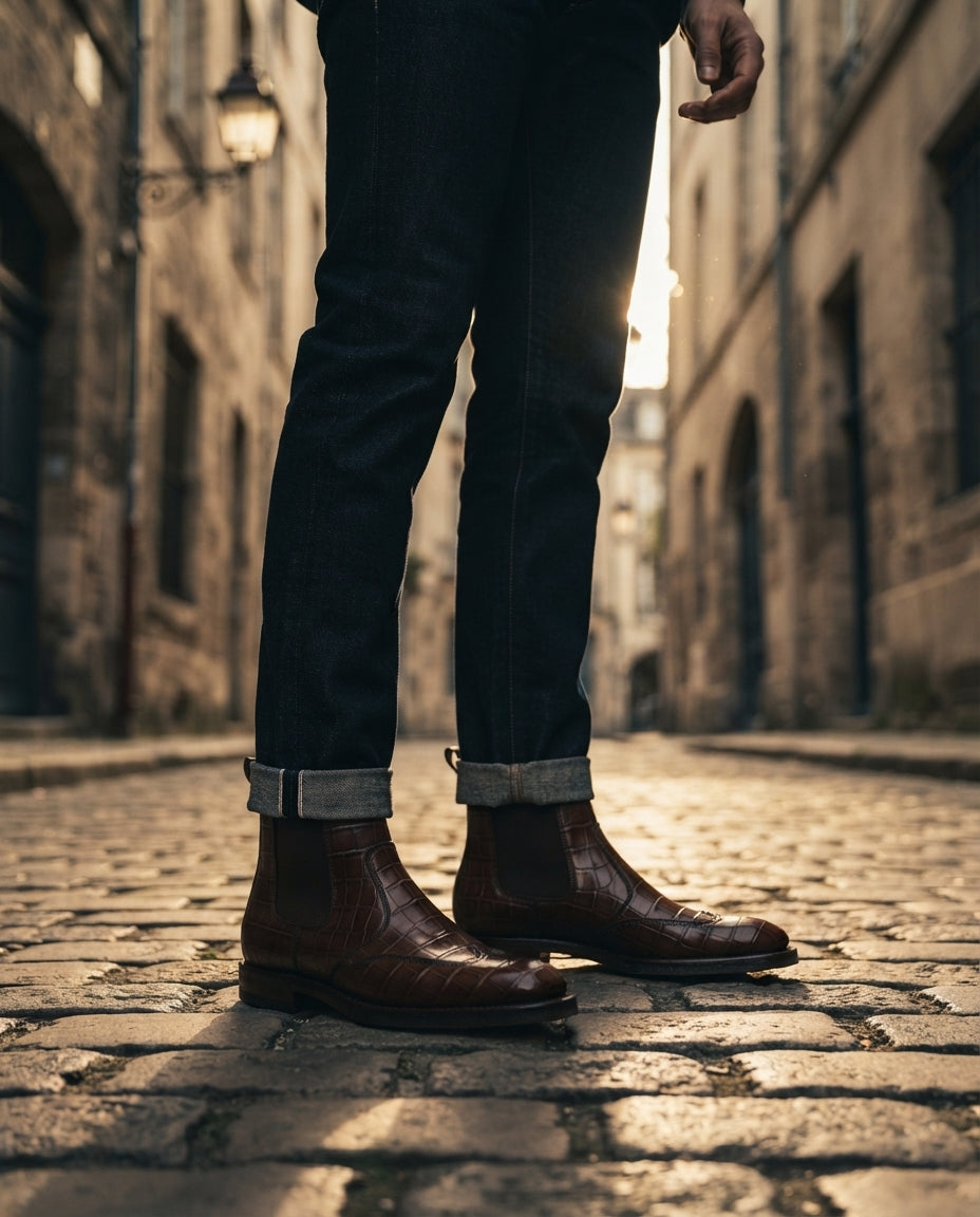 Height Increasing Brown Crocodile-Print Leather Tramontana Chelsea Boot with Natural Leather Sole - 3 Inch Hidden Heel – lifestyle
