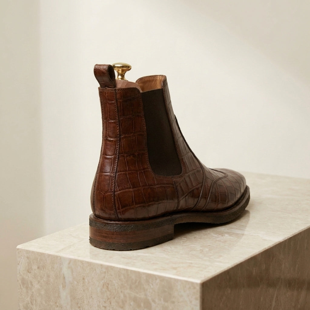 Brown Crocodile-Print Leather Tramontana Chelsea Boot with Natural Leather Sole – heel view