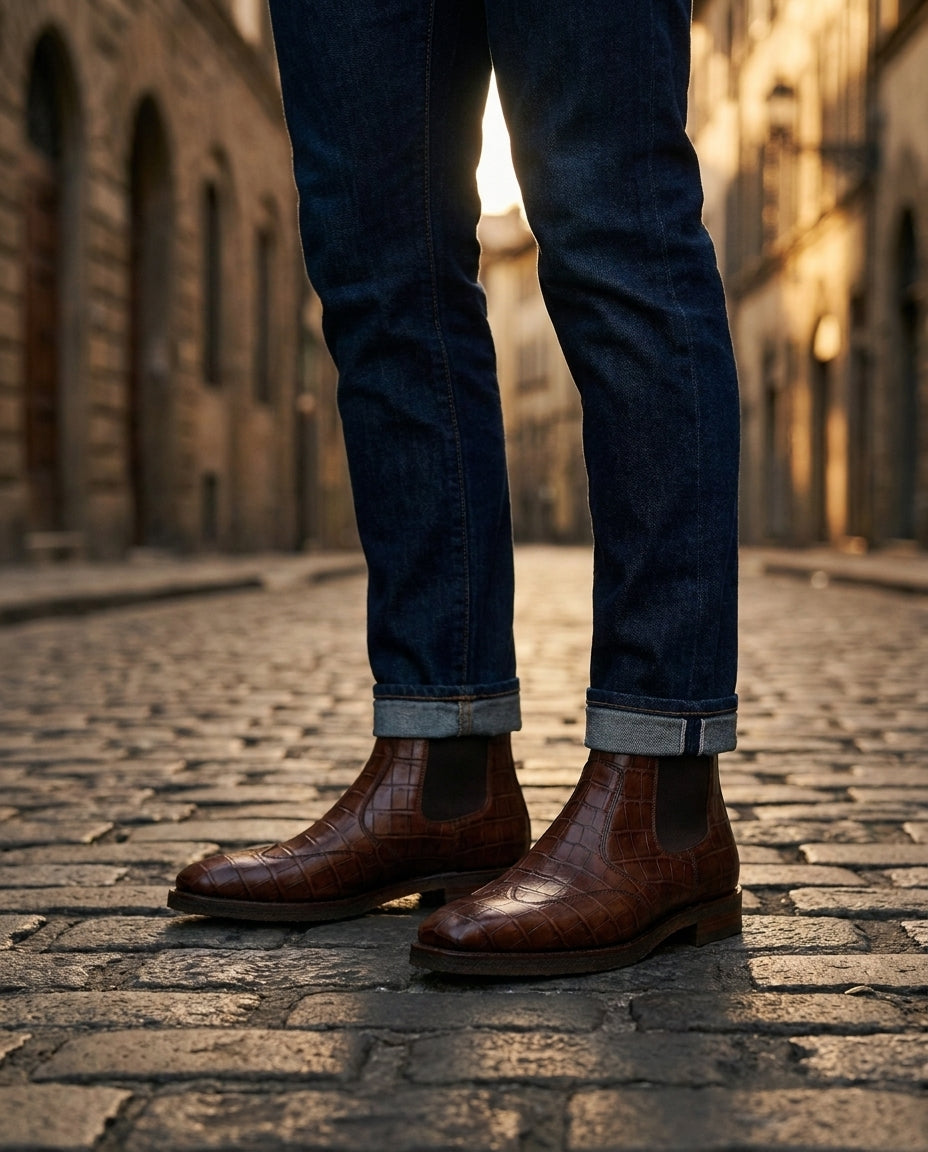 Brown Crocodile-Print Leather Tramontana Chelsea Boot with Natural Leather Sole – lifestyle