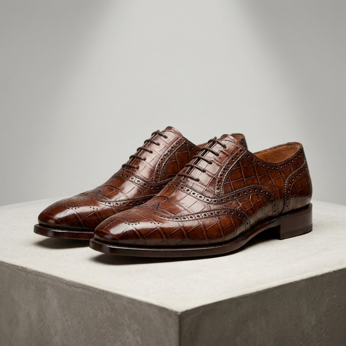 Brown Crocodile-Print Leather Libeccio Oxford with Natural Leather Sole