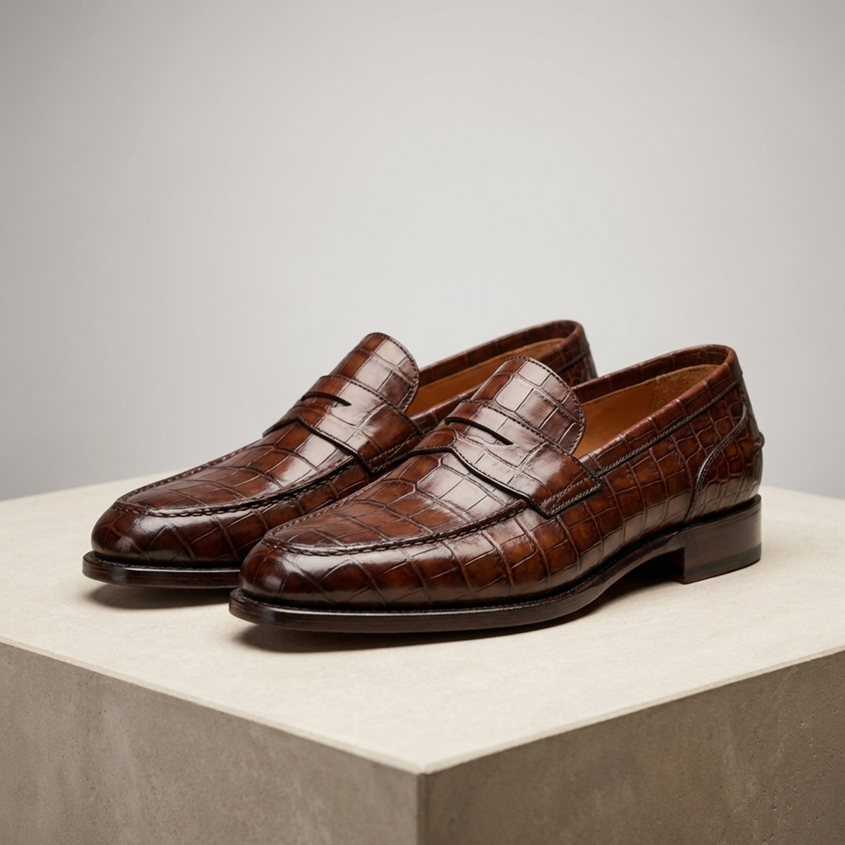 Brown Crocodile-Print Leather Garbin Penny Loafer with Natural Leather Sole