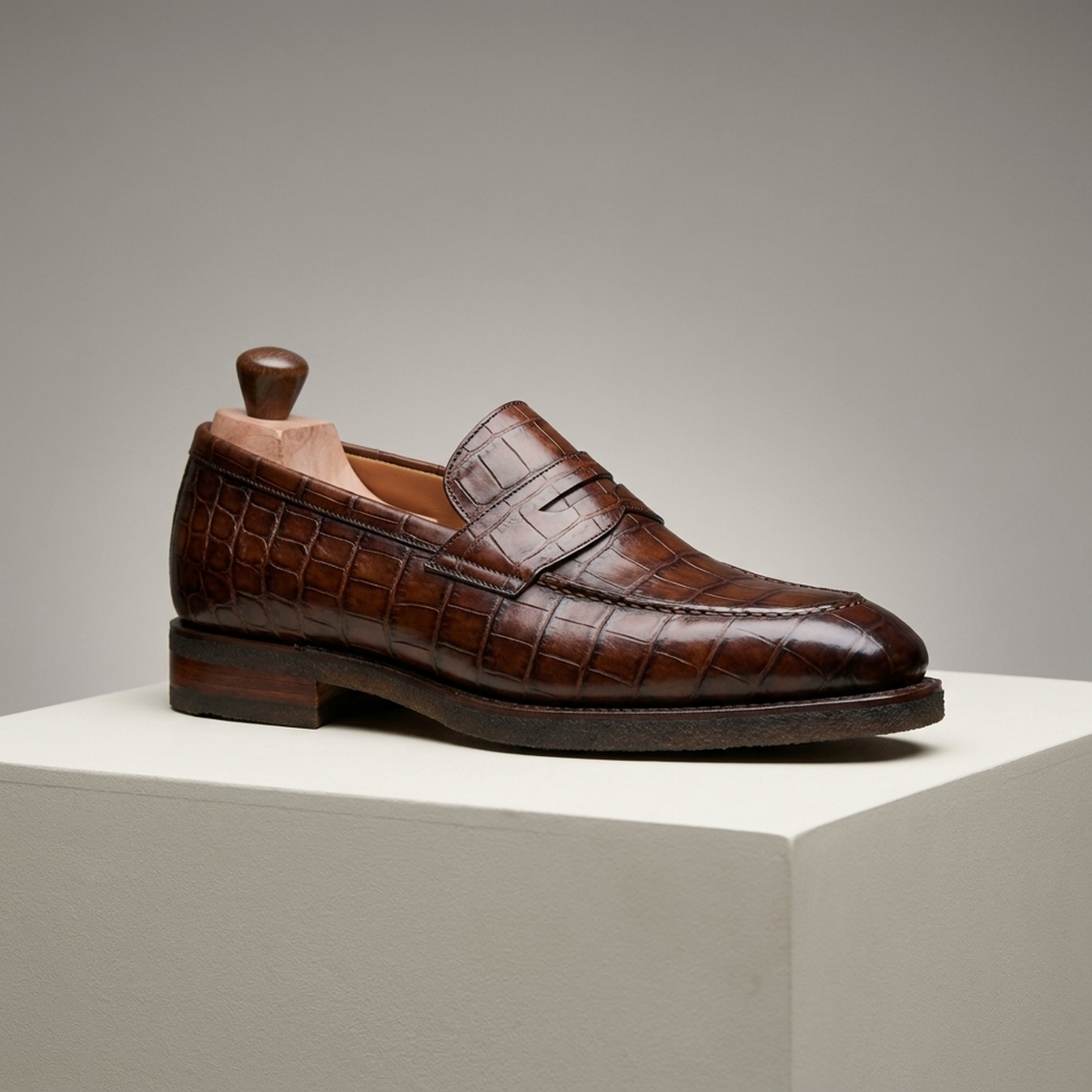 Height Increasing Brown Crocodile-Print Leather Noli Penny Loafer with Natural Crepe Sole - 3 Inch Hidden Heel