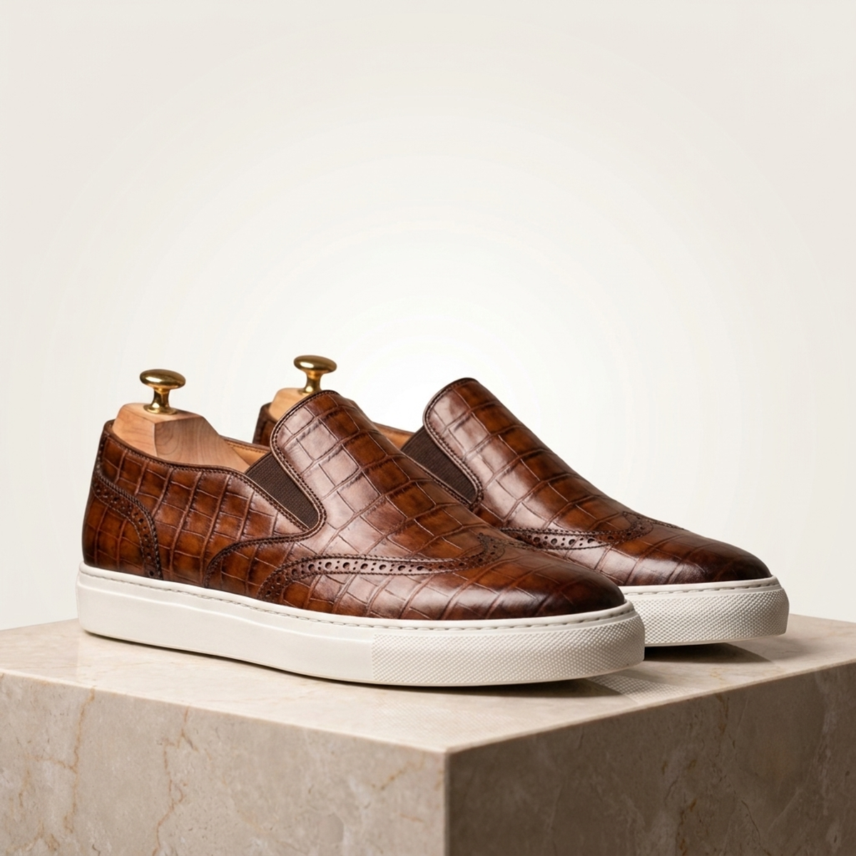 Height Increasing Brown Crocodile-Print Leather Sestri Slip-On Sneaker with White Cup Sole - 3 Inch Hidden Heel