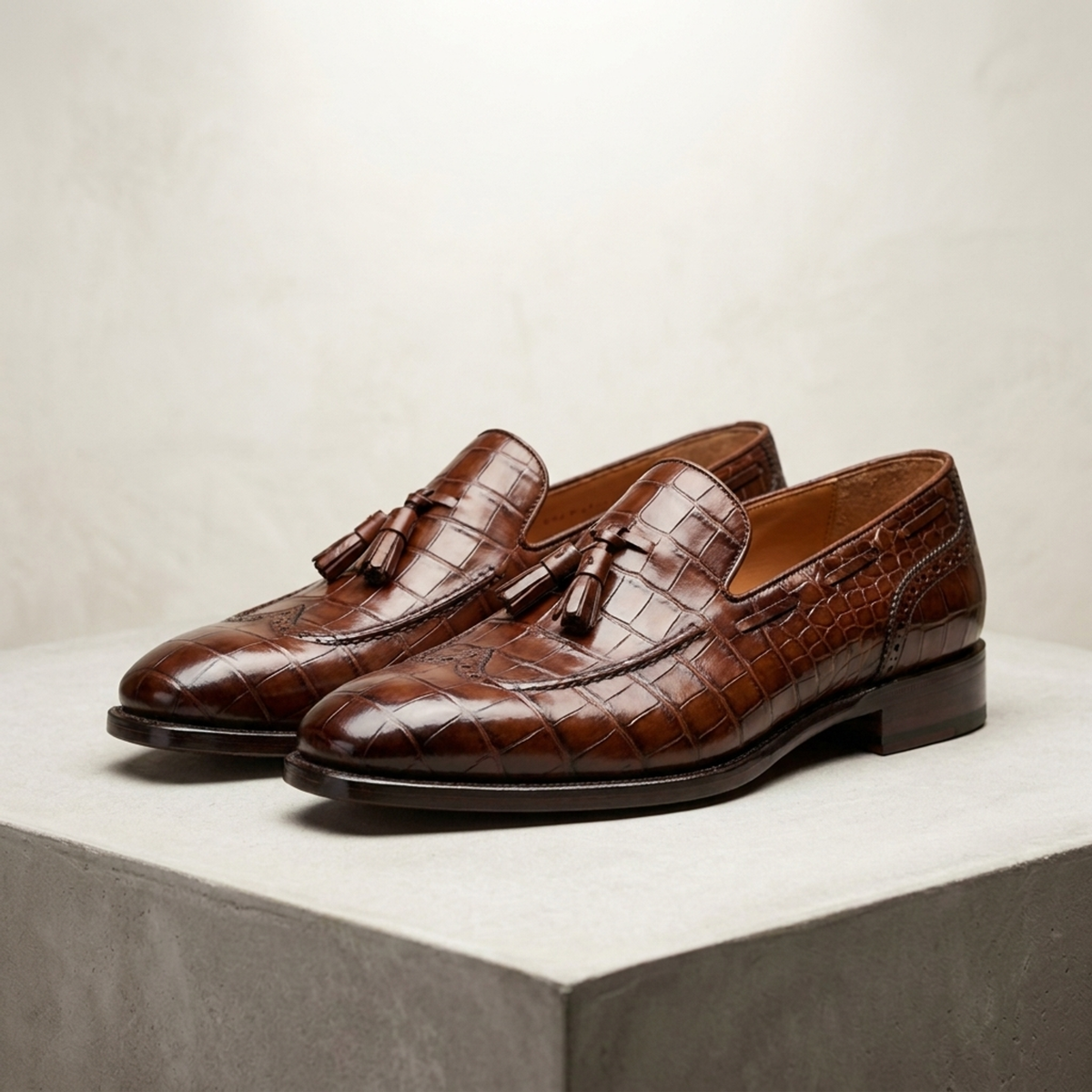 Brown Crocodile-Print Leather Favonio Wingtip Tassel Loafer with Natural Leather Sole