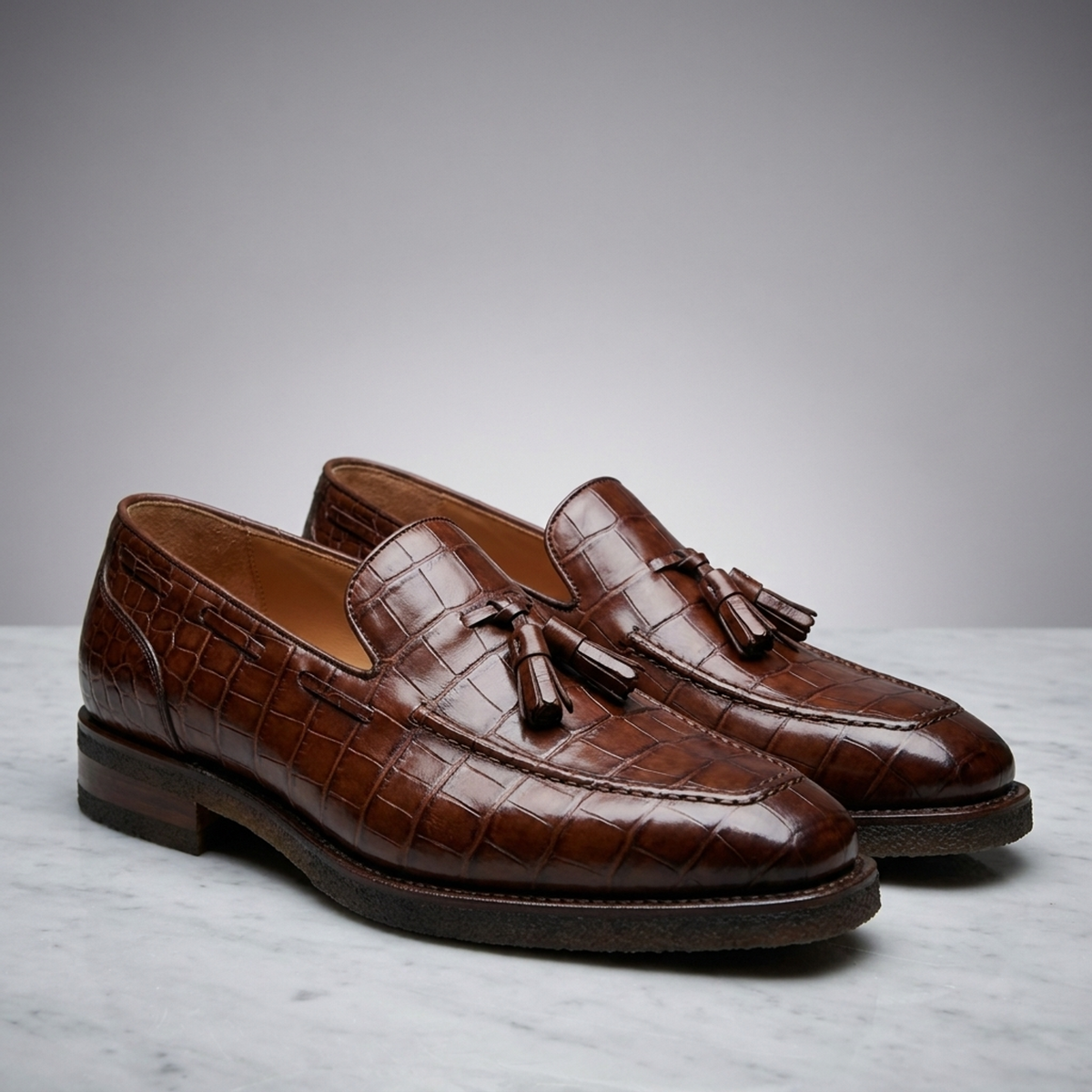 Height Increasing Brown Crocodile-Print Leather Varigotti Tassel Loafer with Natural Crepe Sole - 3 Inch Hidden Heel