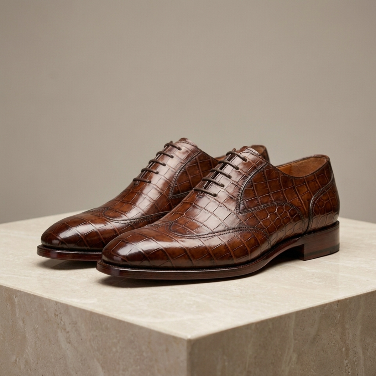 Brown Crocodile-Print Leather Libeccio Whole Cut Oxford with Natural Leather Sole