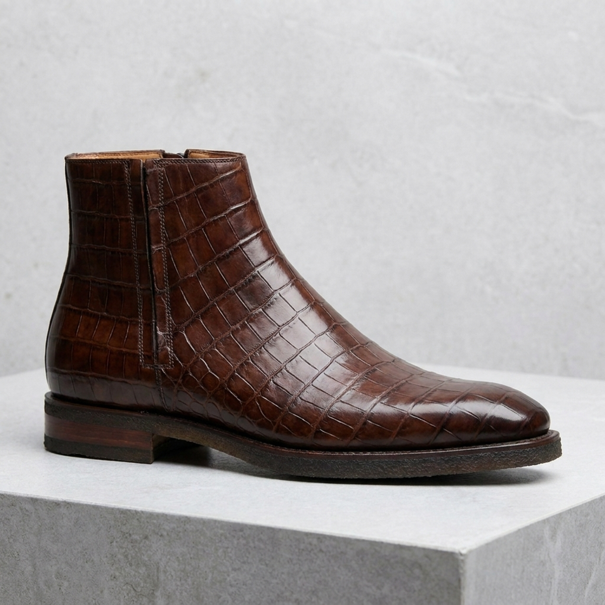 Height Increasing Brown Crocodile-Print Leather Libeccio Zip Ankle Boot with Natural Leather Sole - 3 Inch Hidden Heel
