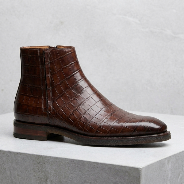 Brown Crocodile-Print Leather Libeccio Zip Ankle Boot with Natural Leather Sole