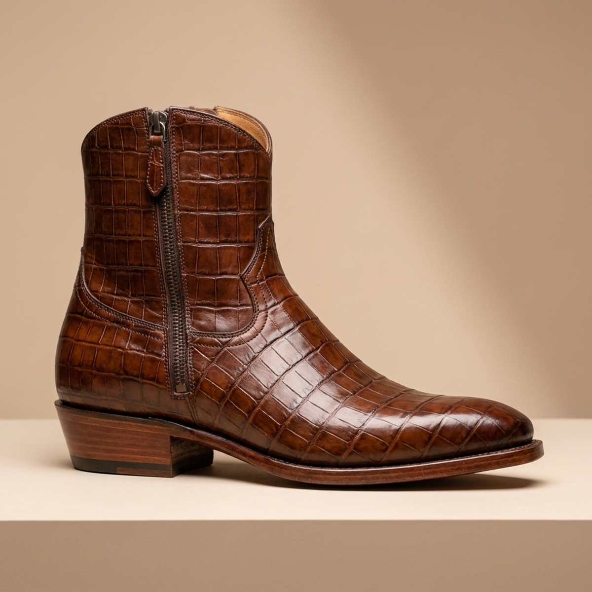 Height Increasing Brown Crocodile-Print Leather Burrasca Zipper Cowboy Boot with Natural Leather Sole - 3 Inch Hidden Heel