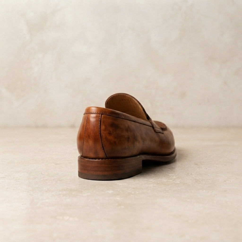 Height Increasing Brown Leather Garbin Penny Loafer with Natural Leather Sole - 3 Inch Hidden Heel – heel view