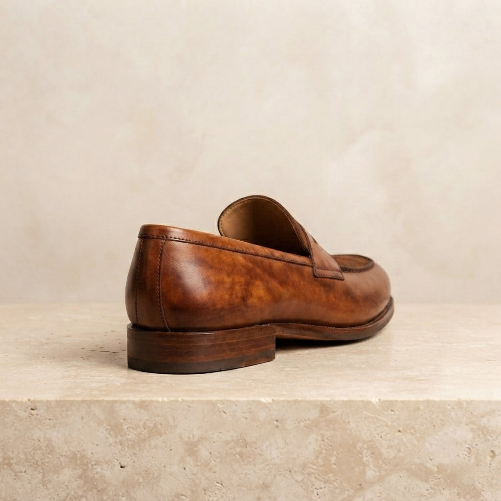 Brown Leather Garbin Penny Loafer with Natural Leather Sole – heel view