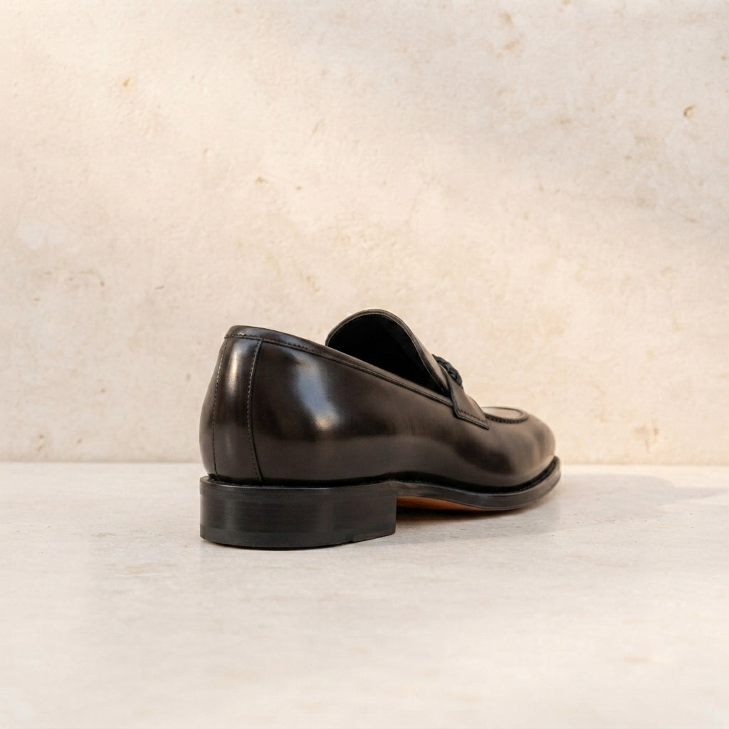 Height Increasing Brown Leather Garbin Penny Loafer with Natural Leather Sole - 3 Inch Hidden Heel – heel view
