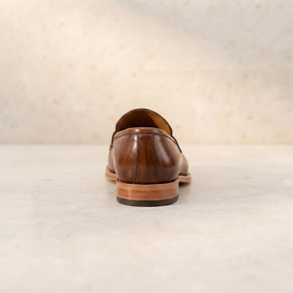 Brown Leather Garbin Penny Loafer with Natural Leather Sole – heel view